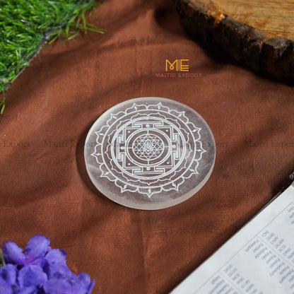 Natural selenite plate with different carvings 4 inch-Round-Shreeyantra 2-Maitri Export | Crystals Store