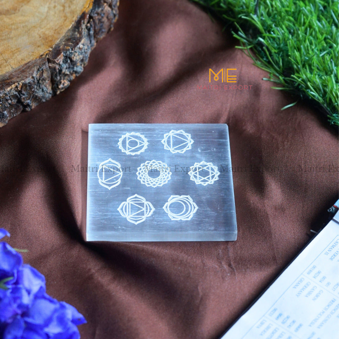 Natural selenite plate with different carvings 4 inch-Square-7 chakra White-Maitri Export | Crystals Store
