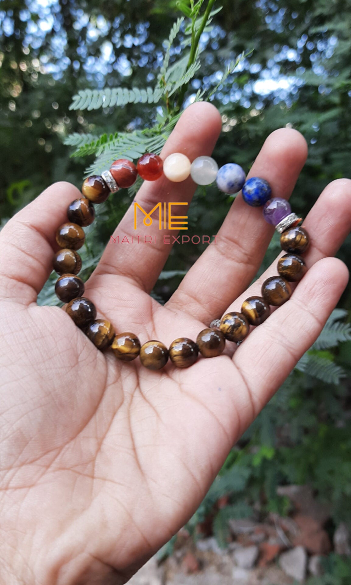 Natural different Crystals with 7 chakra beads charm bracelets (8mm)-Tiger Eye-Maitri Export | Crystals Store