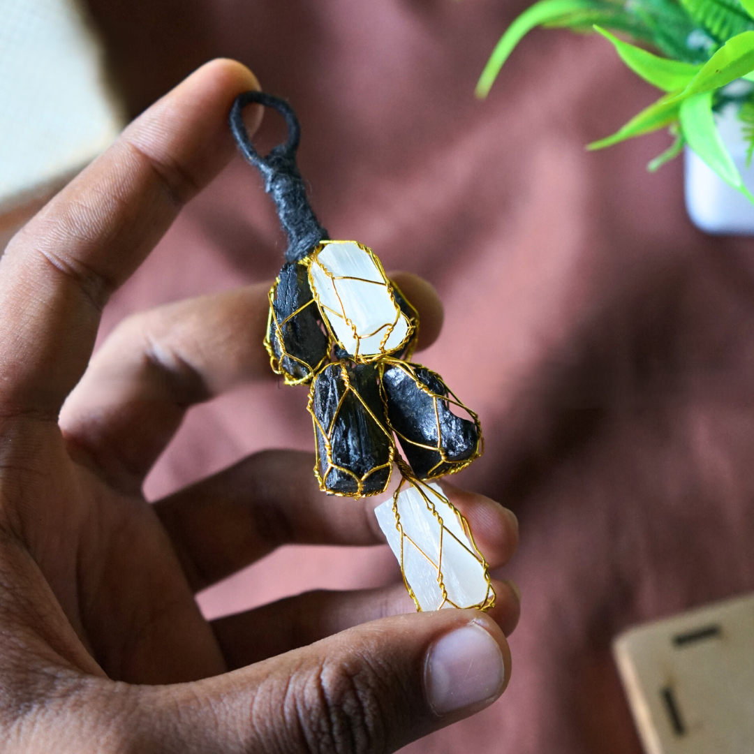 Selenite / tourmaline hanger ( 6 beads )-Selenite / Tourmaline-Maitri Export | Crystals Store
