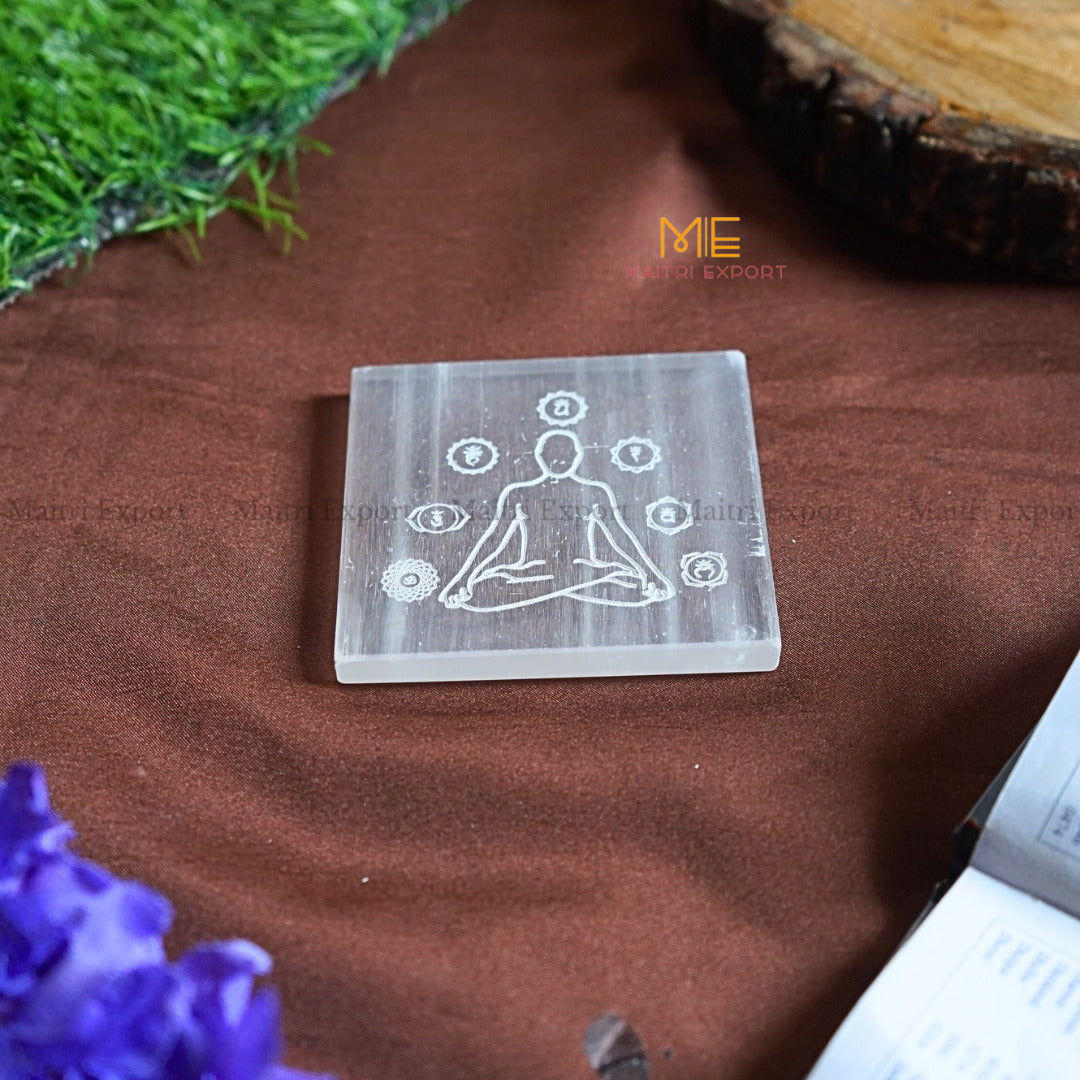 Natural selenite plate with different carvings 4 inch-Square-7 chakra sanskrit with buddha-Maitri Export | Crystals Store