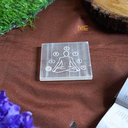 Natural selenite plate with different carvings 4 inch-Square-7 chakra sanskrit with buddha-Maitri Export | Crystals Store
