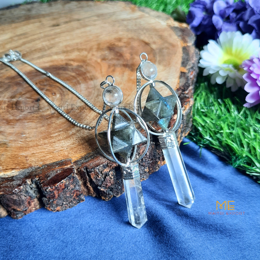 Natural Healing Crystal Stone Merkaba Star with Clear Quartz Pencil Pendulum-Maitri Export | Crystals Store