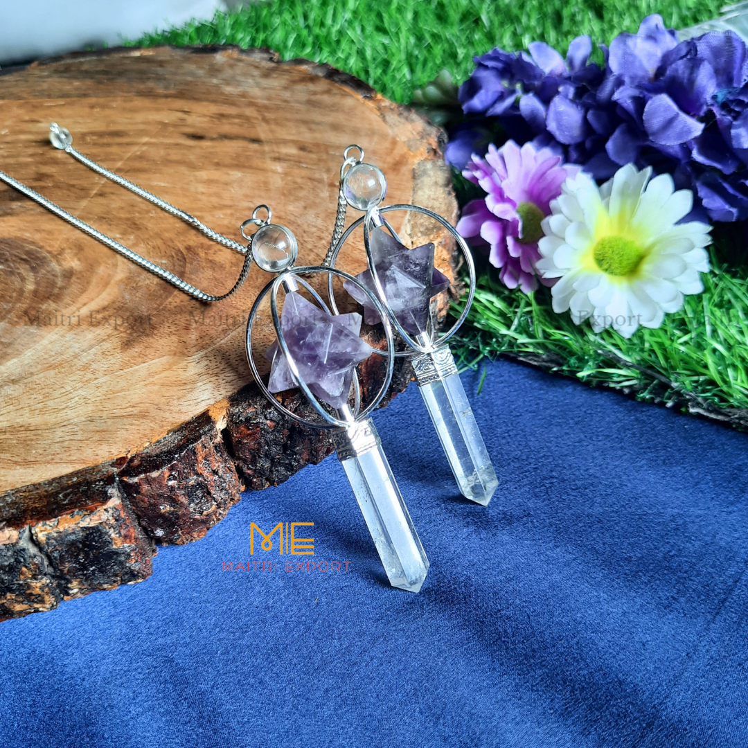 Natural Healing Crystal Stone Merkaba Star with Clear Quartz Pencil Pendulum-Maitri Export | Crystals Store