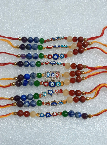 Triple evil eye rakhi with 7 chakra 6mm beads-Maitri Export | Crystals Store