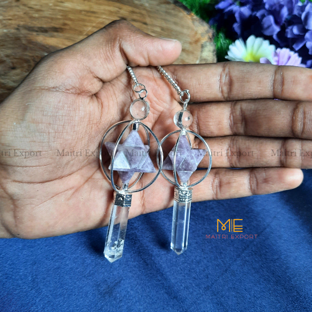 Natural Healing Crystal Stone Merkaba Star with Clear Quartz Pencil Pendulum-Lepidolite-Maitri Export | Crystals Store