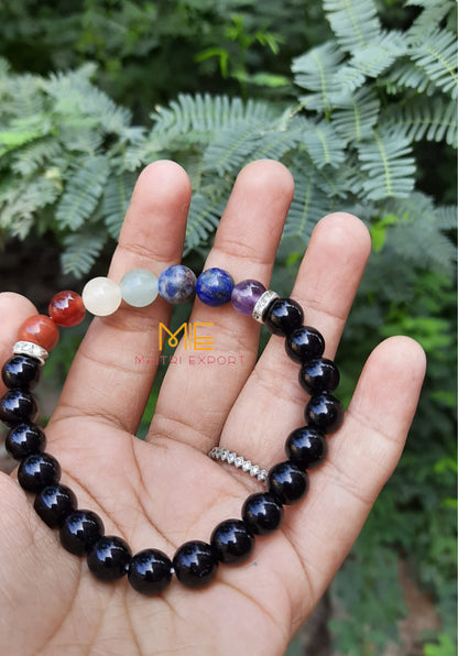 Natural different Crystals with 7 chakra beads charm bracelets (8mm)-Black Onyx-Maitri Export | Crystals Store