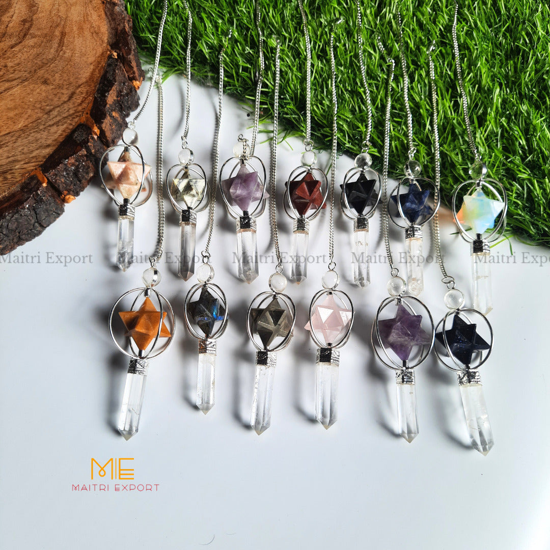 Natural Healing Crystal Stone Merkaba Star with Clear Quartz Pencil Pendulum-Maitri Export | Crystals Store