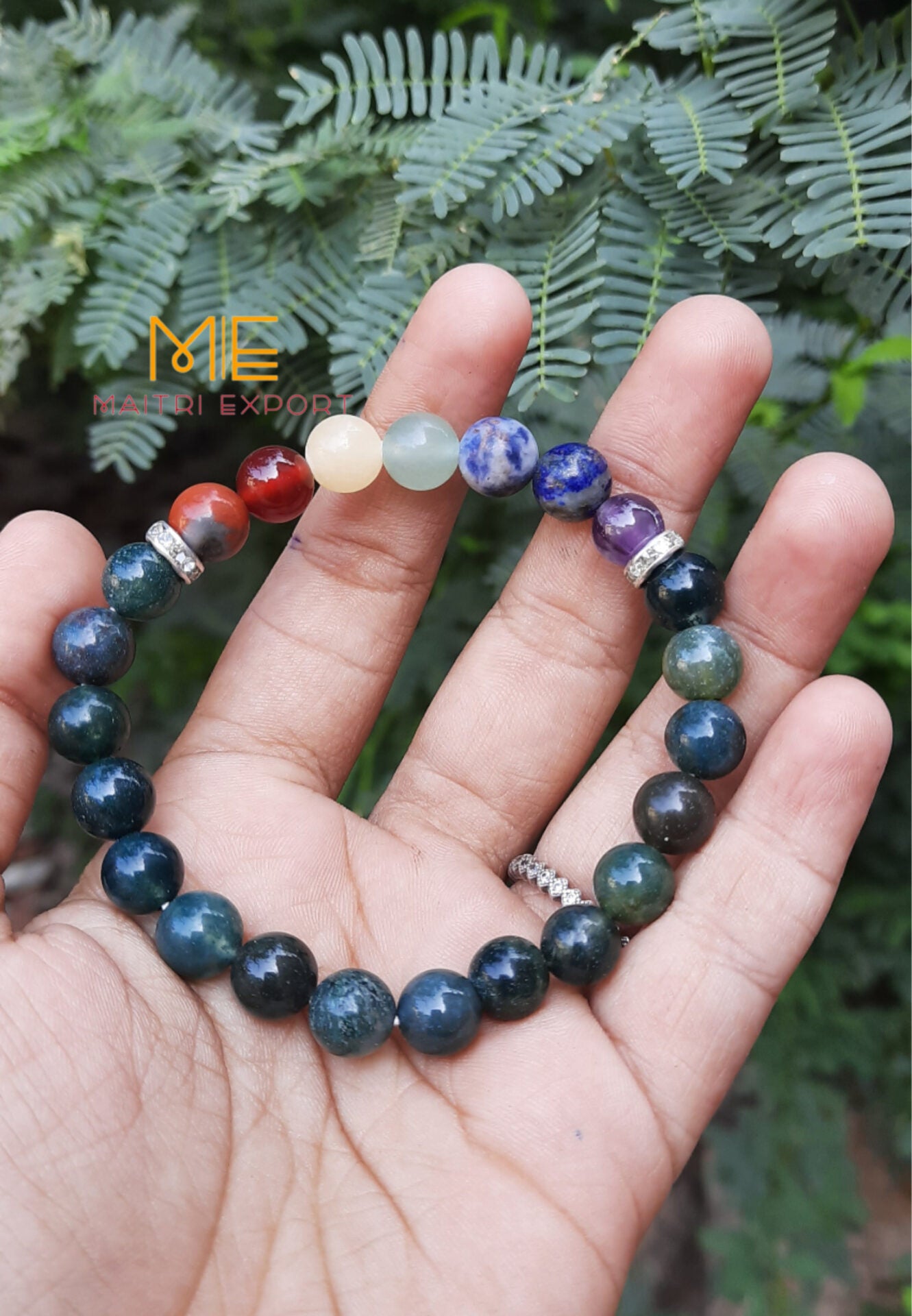 Natural different Crystals with 7 chakra beads charm bracelets (8mm)-Moss Agate-Maitri Export | Crystals Store