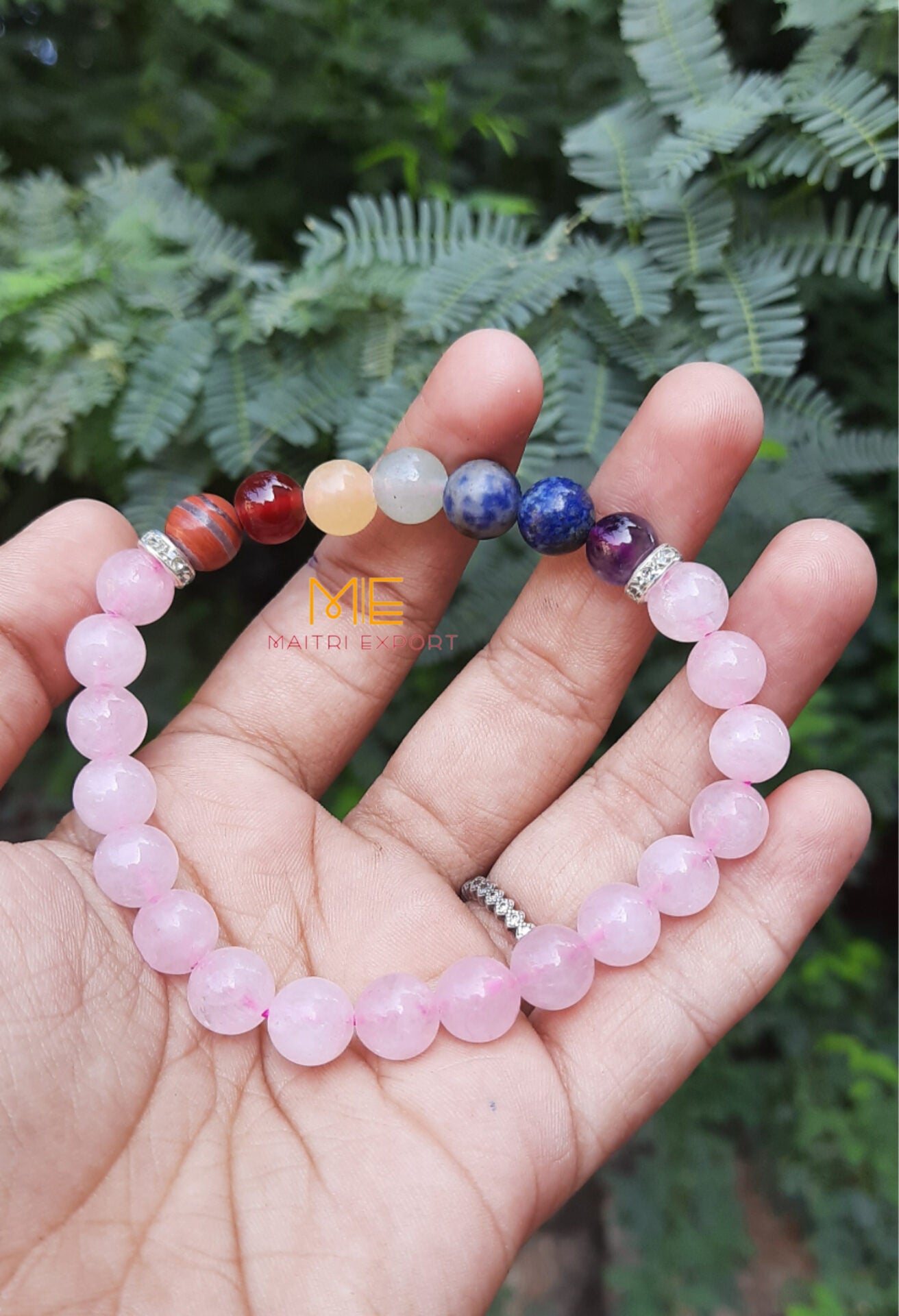 Natural different Crystals with 7 chakra beads charm bracelets (8mm)-Rose Quartz-Maitri Export | Crystals Store