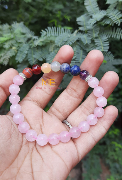 Natural different Crystals with 7 chakra beads charm bracelets (8mm)-Rose Quartz-Maitri Export | Crystals Store