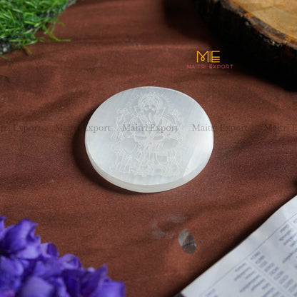 Natural selenite plate with different carvings 4 inch-Round-Ganesha 1-Maitri Export | Crystals Store