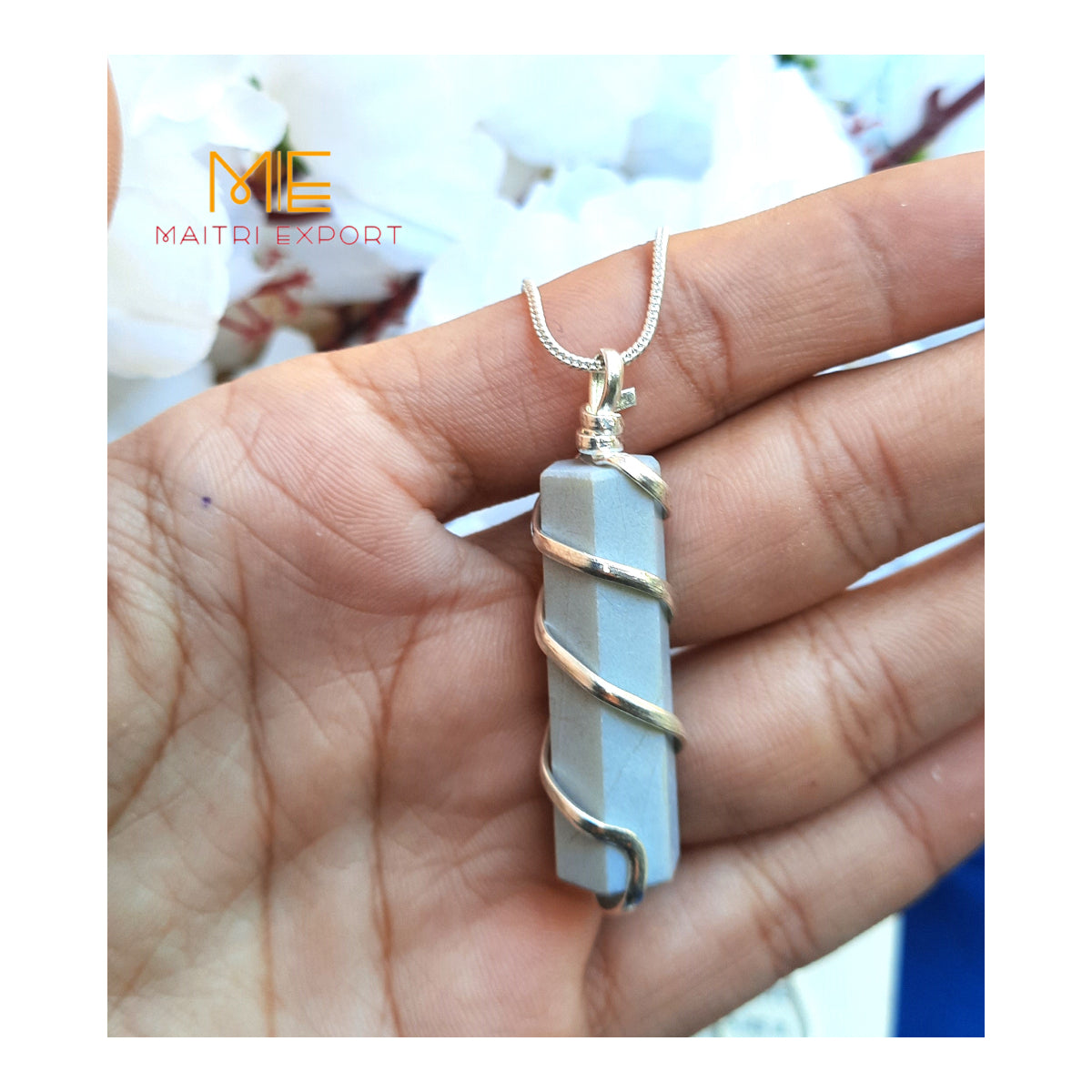 Single point wire wrapped pendant.-Angelite-Maitri Export | Crystals Store