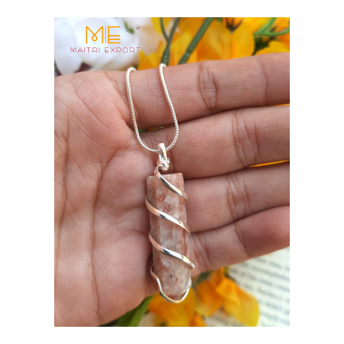 Single point wire wrapped pendant.-Sunstone-Maitri Export | Crystals Store