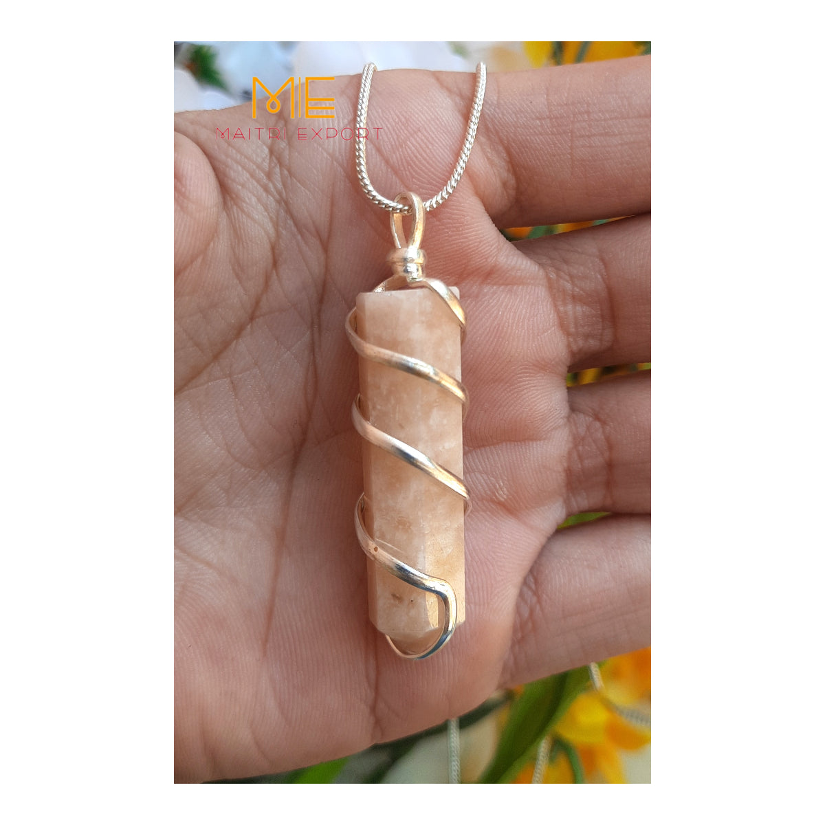 Single point wire wrapped pendant.-Peach Moonstone-Maitri Export | Crystals Store