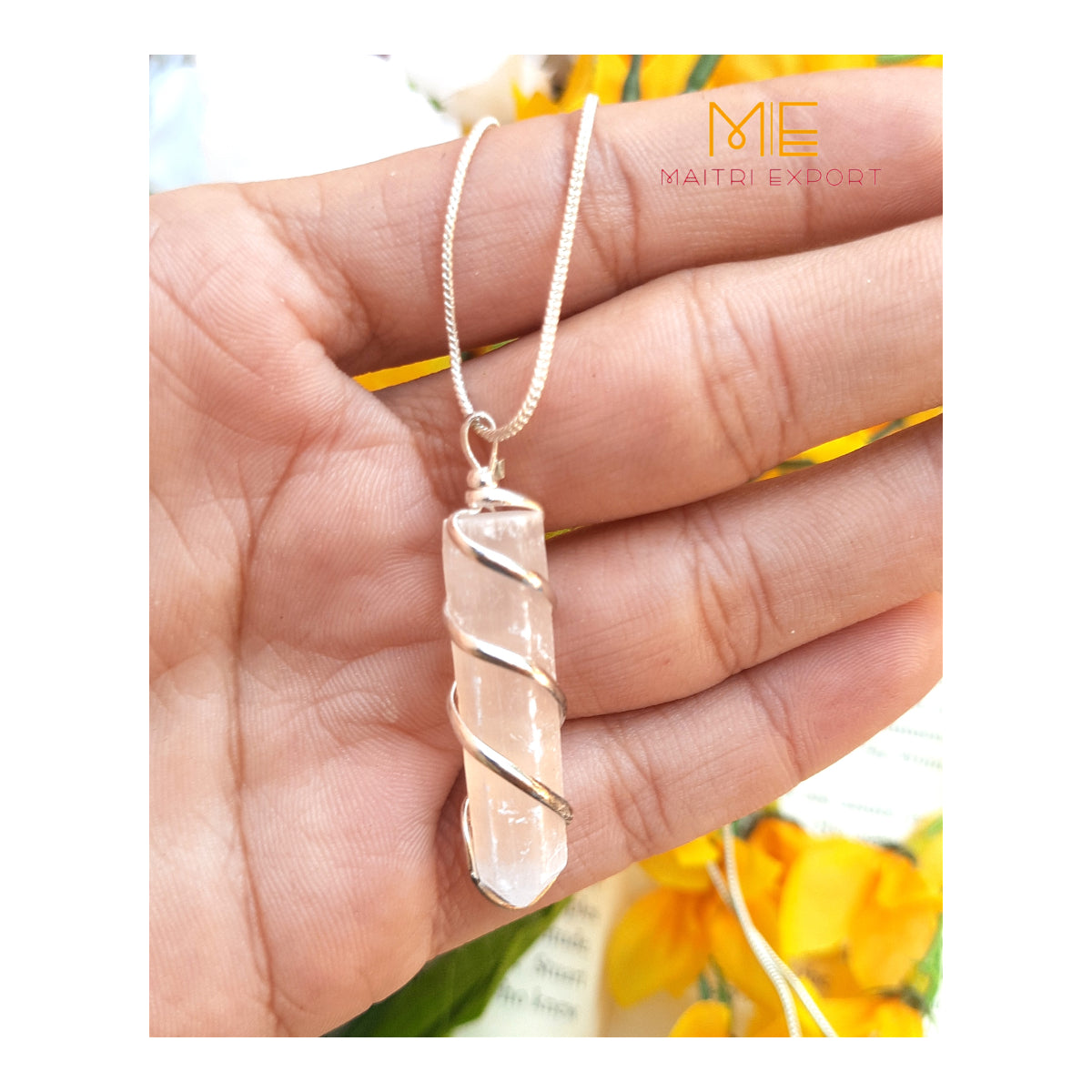 Single point wire wrapped pendant.-Selenite-Maitri Export | Crystals Store
