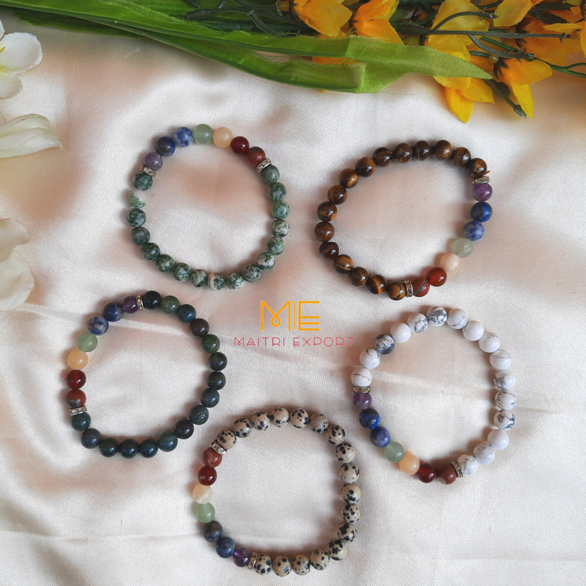 Natural different Crystals with 7 chakra beads charm bracelets (8mm)-Maitri Export | Crystals Store