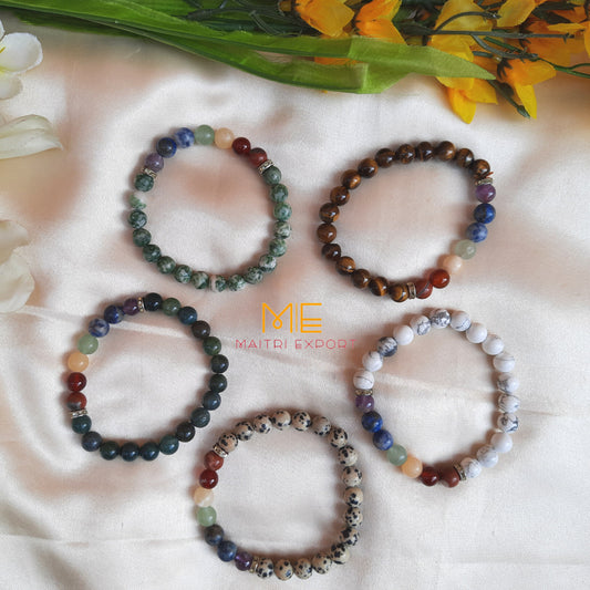Natural different Crystals with 7 chakra beads charm bracelets (8mm)-Maitri Export | Crystals Store
