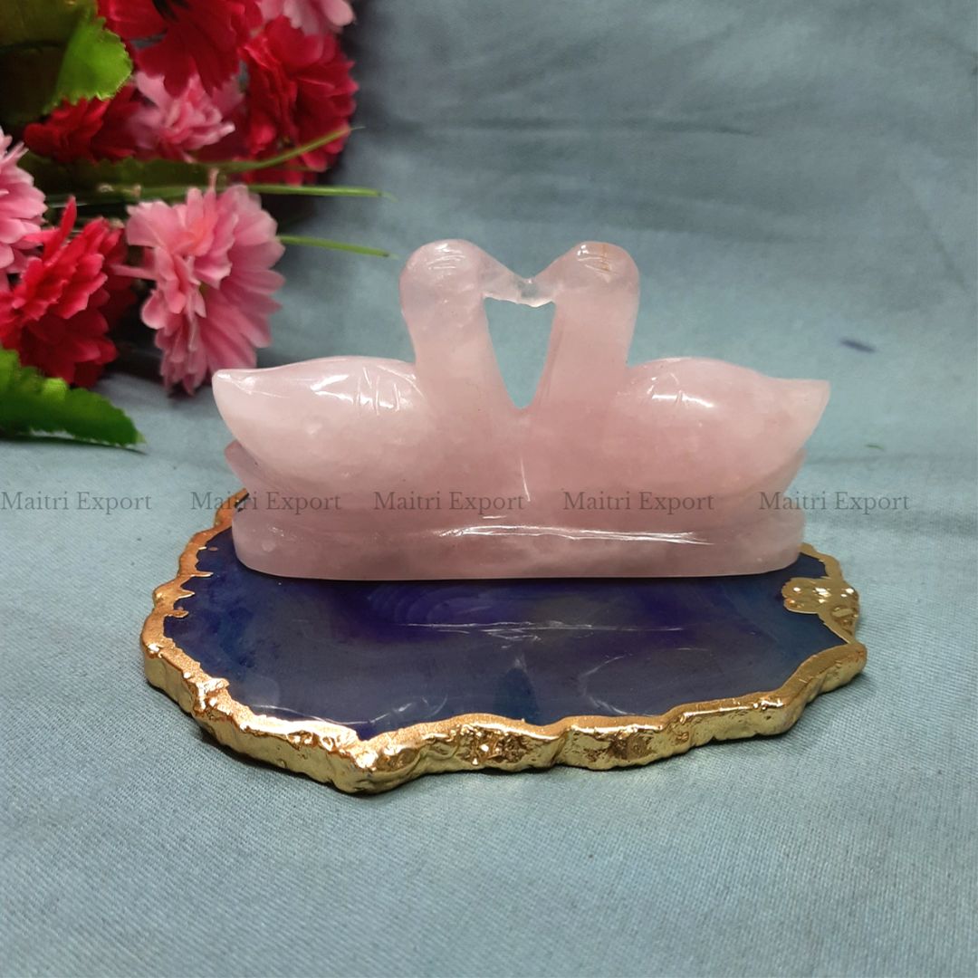 Natural rose Quartz hand carved mandarin duck pair-joint-Maitri Export | Crystals Store