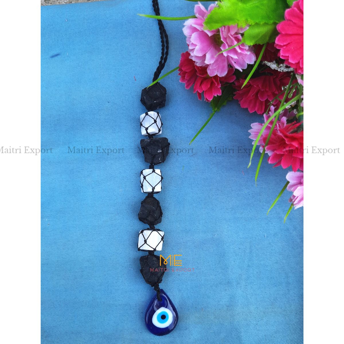 Selenite / Tourmaline Evil Eye Hanger-Selenite & Black Tourmaline-7 Beads-Drop-Maitri Export | Crystals Store