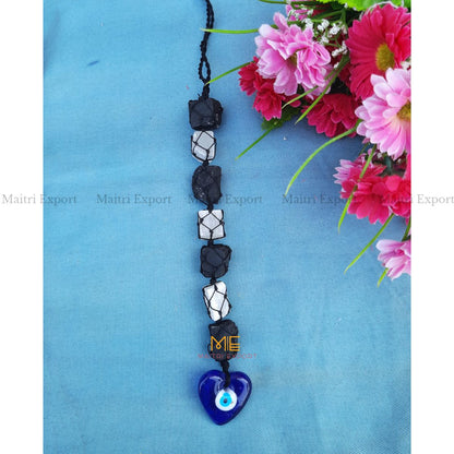 Selenite / Tourmaline Evil Eye Hanger-Selenite & Black Tourmaline-7 Beads-Heart-Maitri Export | Crystals Store