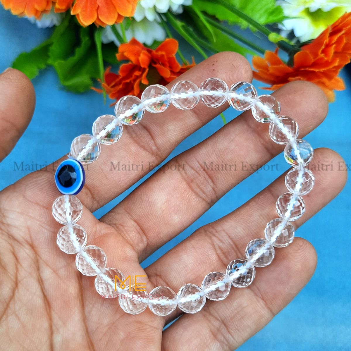 8mm faceted crystal beaded bracelet with evil eye-Clear quartz-Maitri Export | Crystals Store