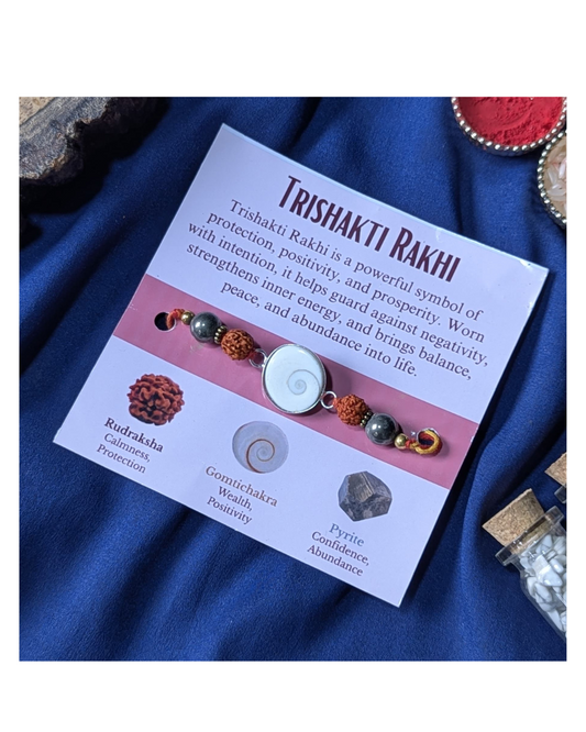 Trishakti rakhi - Gomtichakra, Rudraksha, and Pyrite-Maitri Export | Crystals Store