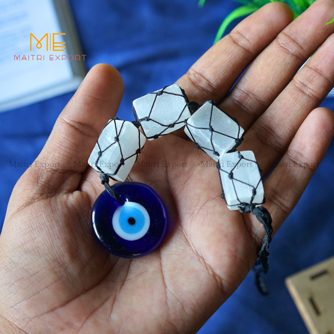 Selenite / Tourmaline Evil Eye Hanger-Selenite-4 Beads-Maitri Export | Crystals Store