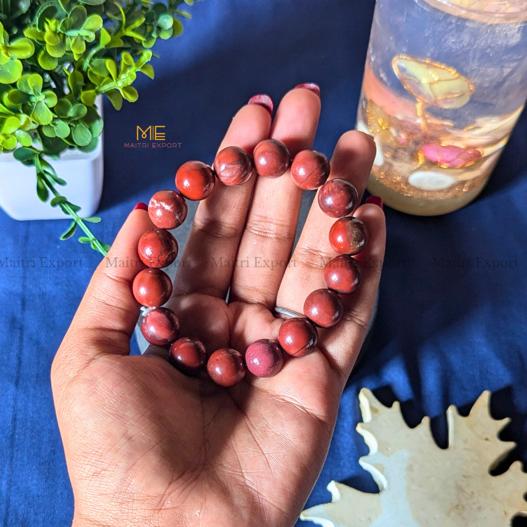 Natural Crystal Healing Stone 12mm Bracelet-Red Jasper-Maitri Export | Crystals Store