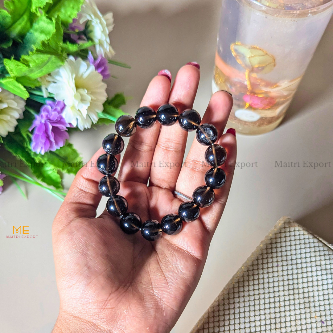Natural Crystal Healing Stone 12mm Bracelet-Smokey Quartz-Maitri Export | Crystals Store