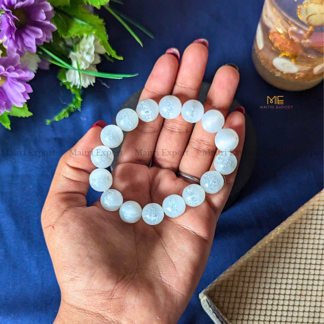 Natural Crystal Healing Stone 12mm Bracelet-Selenite-Maitri Export | Crystals Store