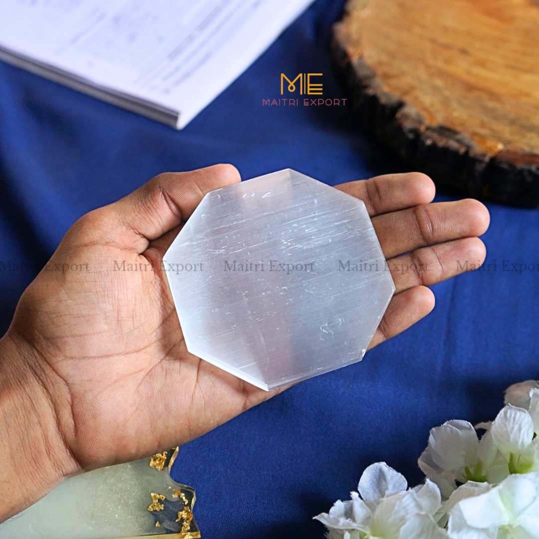 Natural selenite stone different shapes plain plate-Octagon-3 Inch-Maitri Export | Crystals Store