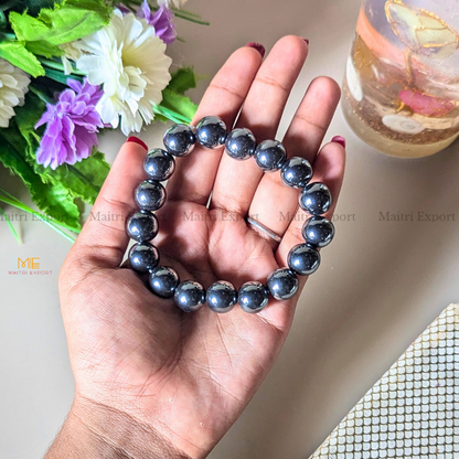 Natural Crystal Healing Stone 12mm Bracelet-Hematite-Maitri Export | Crystals Store