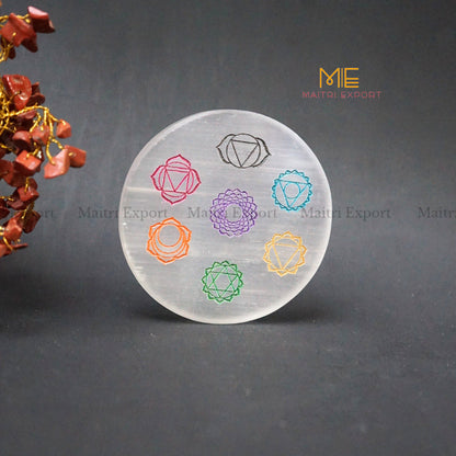 Natural selenite plate with different carvings 4 inch-Round-7 chakra Multicolor-Maitri Export | Crystals Store
