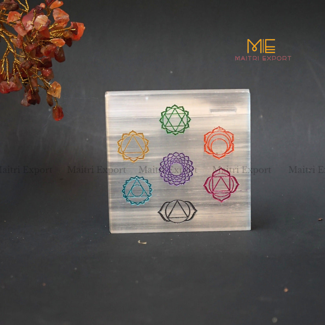 Natural selenite plate with different carvings 4 inch-Square-7 chakra Multicolor-Maitri Export | Crystals Store
