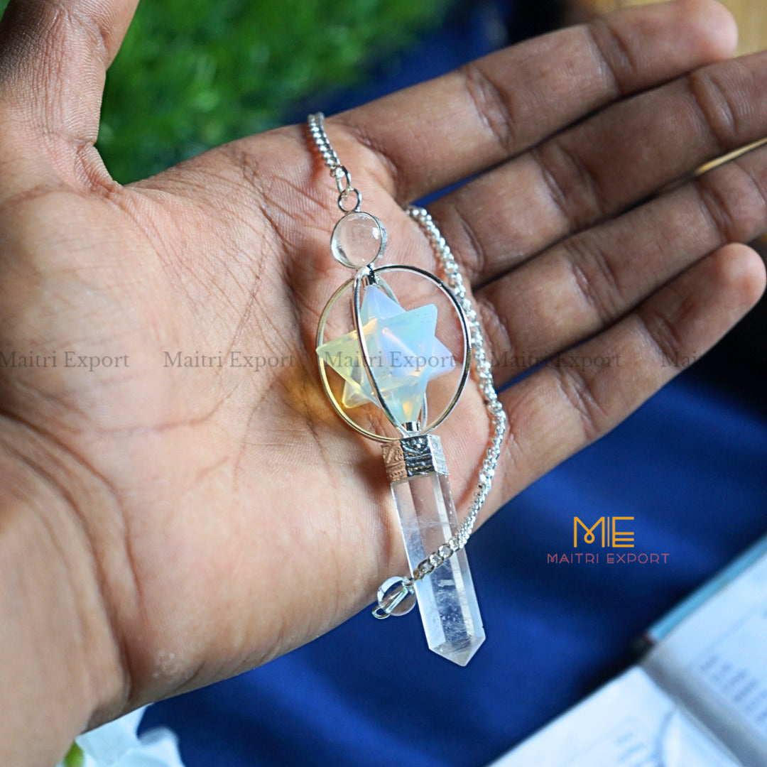 Natural Healing Crystal Stone Merkaba Star with Clear Quartz Pencil Pendulum-Opalite-Maitri Export | Crystals Store