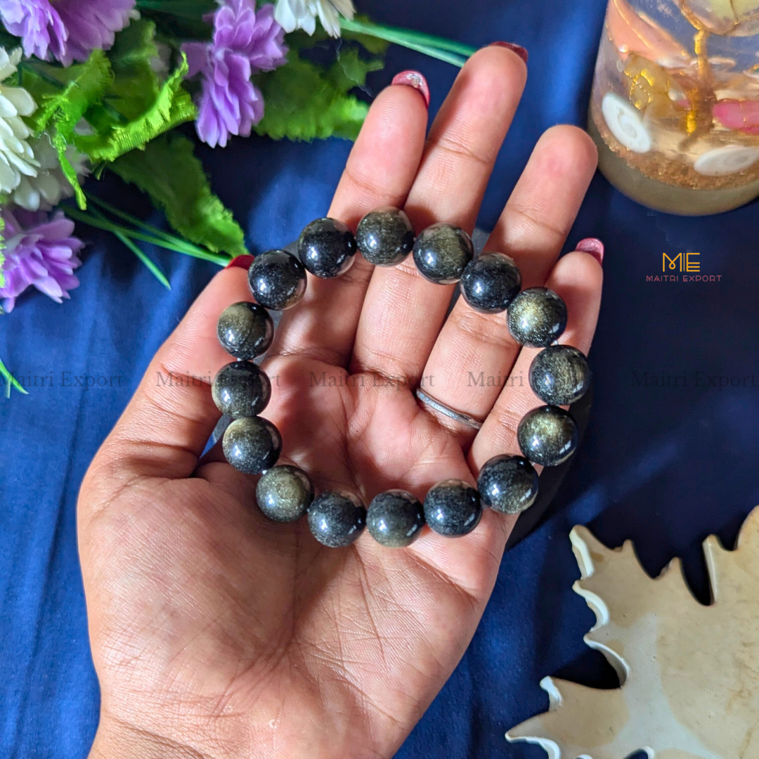 Natural Crystal Healing Stone 12mm Bracelet-Black Golden Obsidian-Maitri Export | Crystals Store