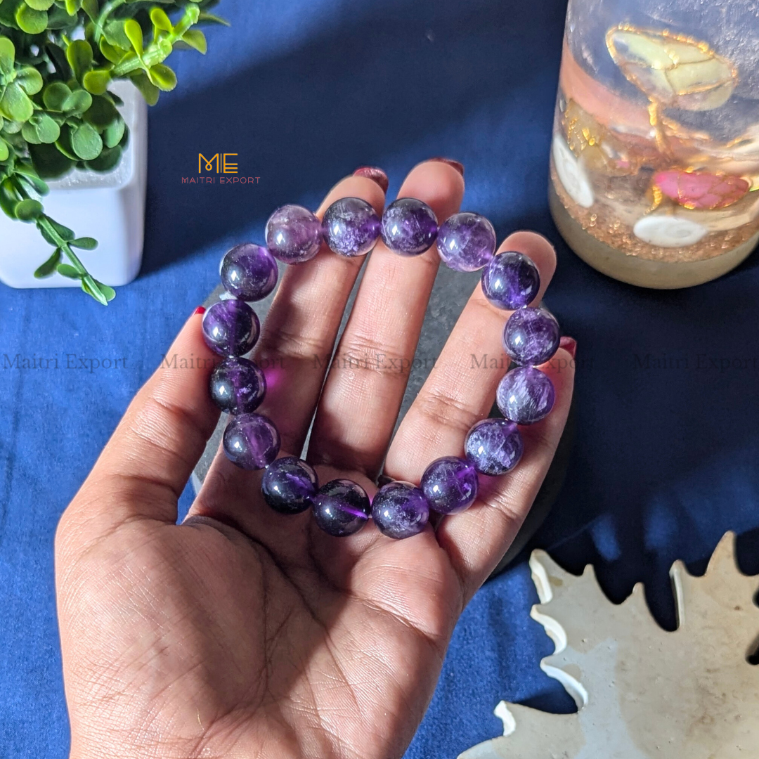 Natural Crystal Healing Stone 12mm Bracelet-Amethyst-Maitri Export | Crystals Store