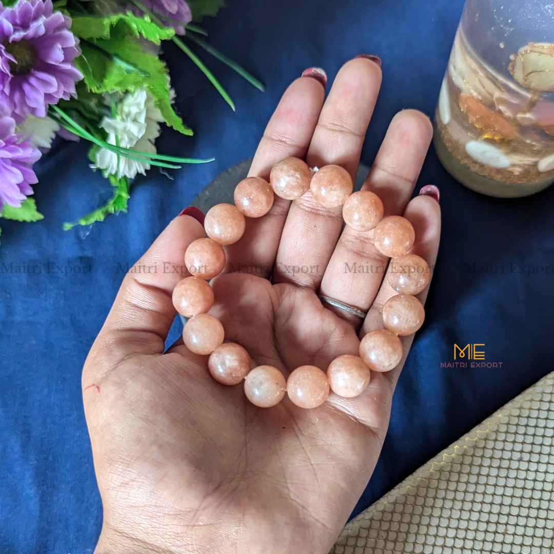 Natural Crystal Healing Stone 12mm Bracelet-Peach Moonstone-Maitri Export | Crystals Store