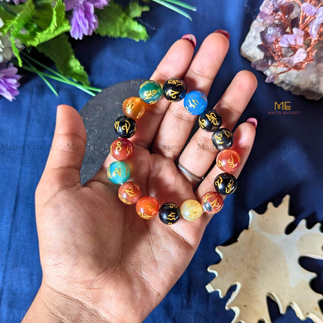 Natural Crystal Healing Stone 12mm Bracelet-Om Mani Multi-Maitri Export | Crystals Store