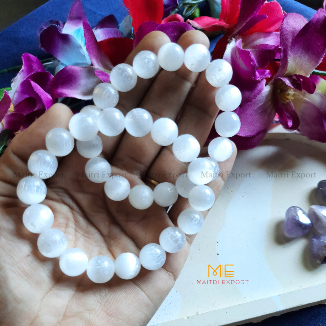 Selenite Natural Crystal Healing Bracelet-10mm-Maitri Export | Crystals Store