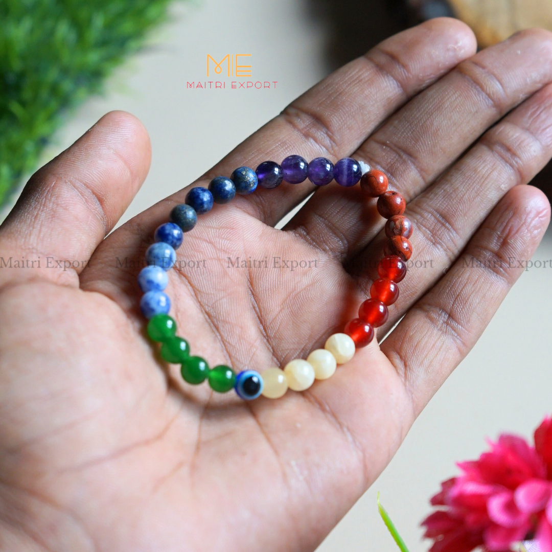 6mm crystal beaded bracelet with evil eye-7 chakra-Maitri Export | Crystals Store