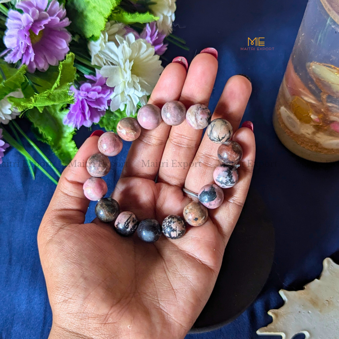 Natural Crystal Healing Stone 12mm Bracelet-Rhodonite-Maitri Export | Crystals Store
