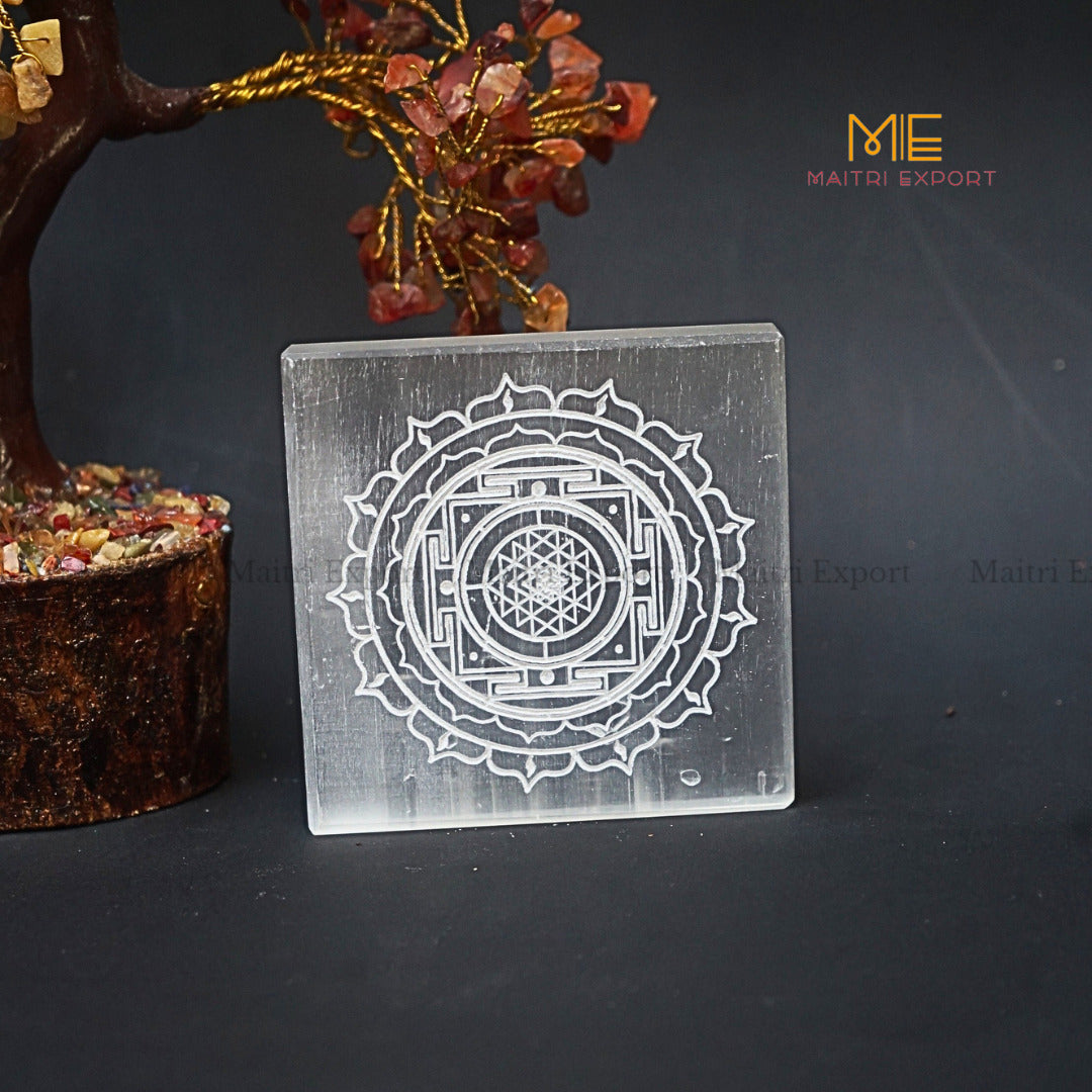 Natural selenite plate with different carvings 4 inch-Square-Shreeyantra 2-Maitri Export | Crystals Store