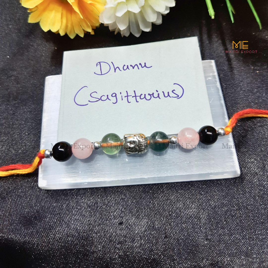 Natural crystal stone based zodiac sign rakhi-Sagittarius-with buddha charm-Maitri Export | Crystals Store