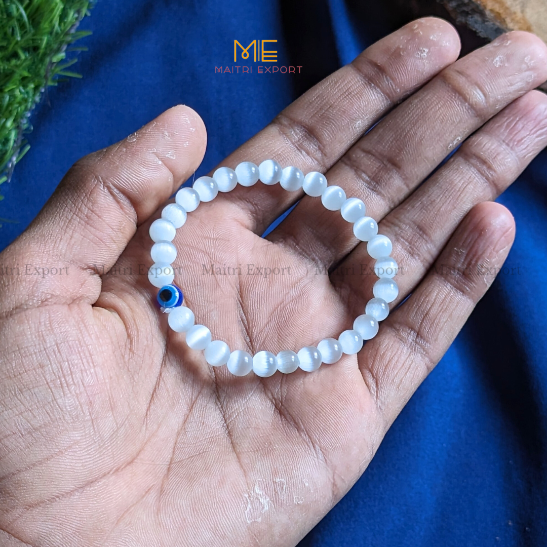 6mm crystal beaded bracelet with evil eye-Selenite Duplicate-Maitri Export | Crystals Store