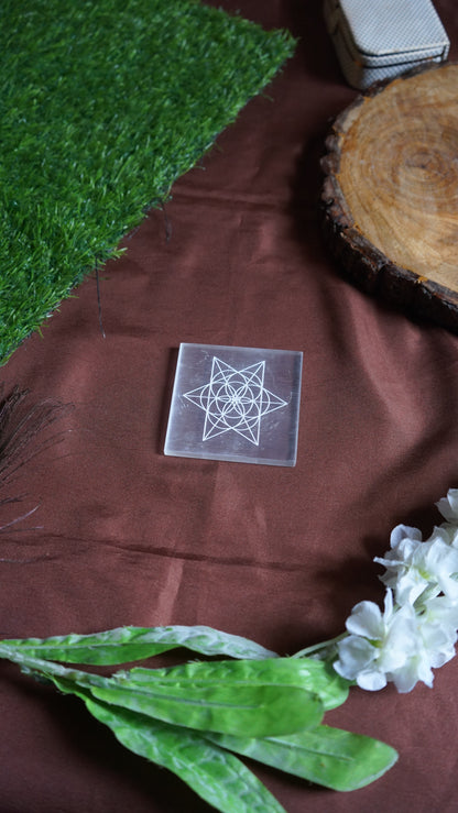Natural selenite plate with different carvings-Square-Star Flower Of Life-Maitri Export | Crystals Store