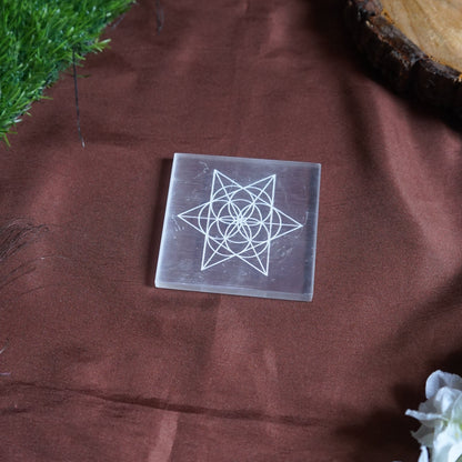 Natural selenite plate with different carvings 2 inch-Square-Star Flower of life-Maitri Export | Crystals Store