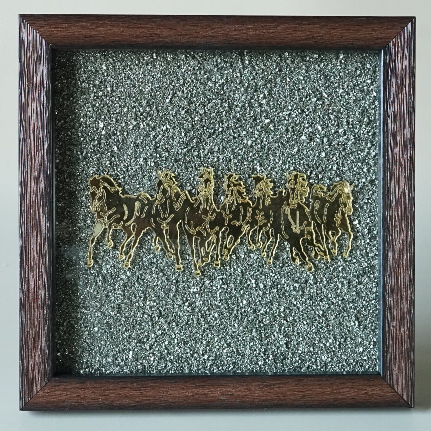 Pyrite Frame 6x6 inch ( frame design can vary )-Pyrite Cluster Frame with 7 Horse Vastu-Maitri Export | Crystals Store