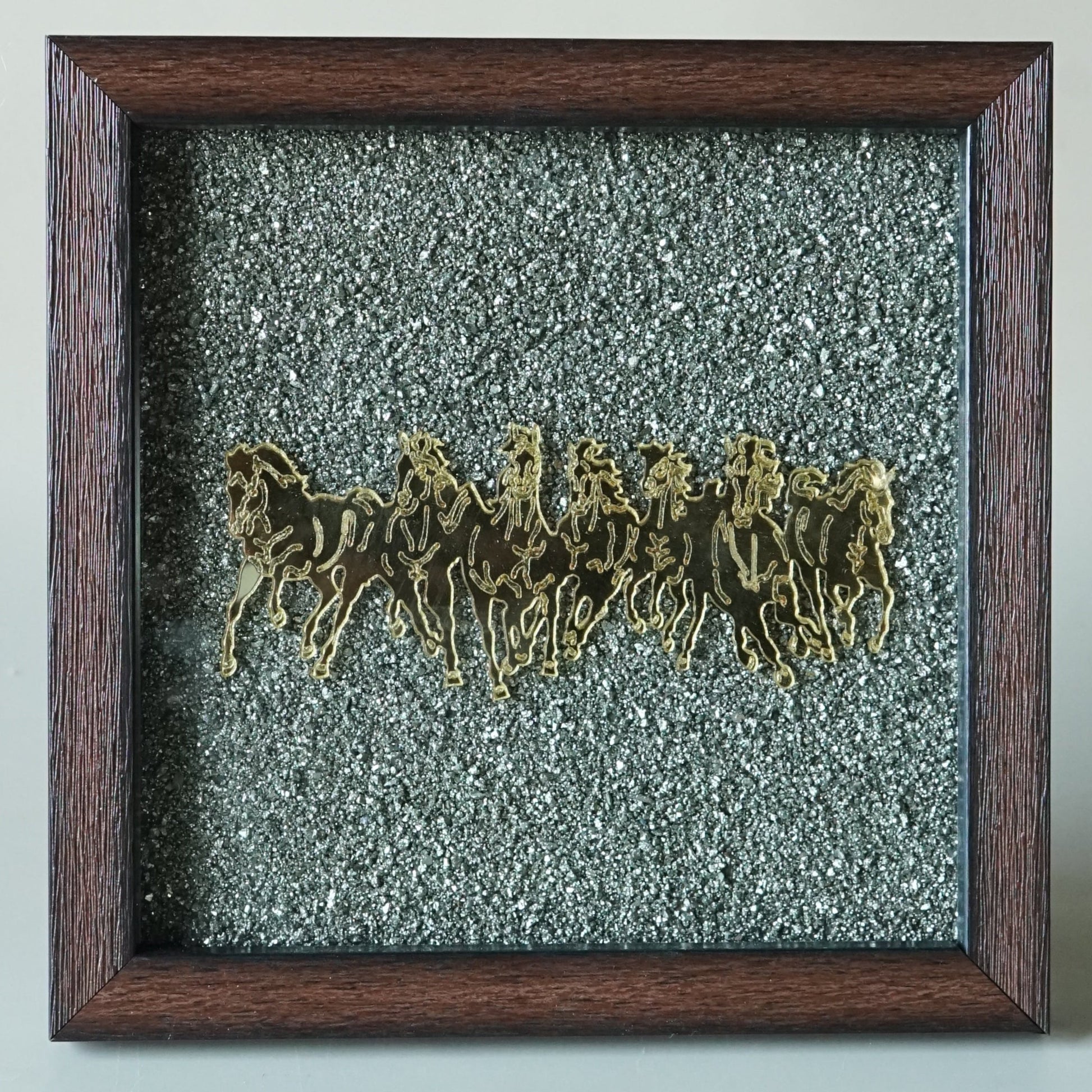 Pyrite Frame 6x6 inch ( frame design can vary )-Pyrite Cluster Frame with 7 Horse Vastu-Maitri Export | Crystals Store